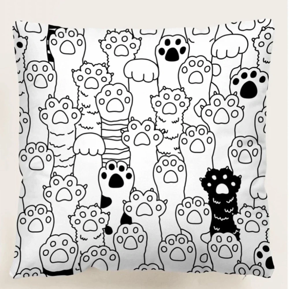 Pillow Cover Cat Paw Print Zip Closure Deco Large Black White Square 17.7 inch